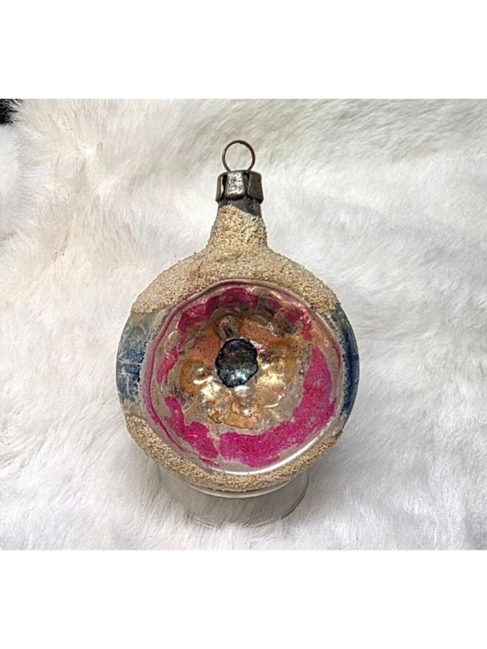 Vintage Mercury Glass Indented Reflector Blue Pink White Mica Christmas Ornament